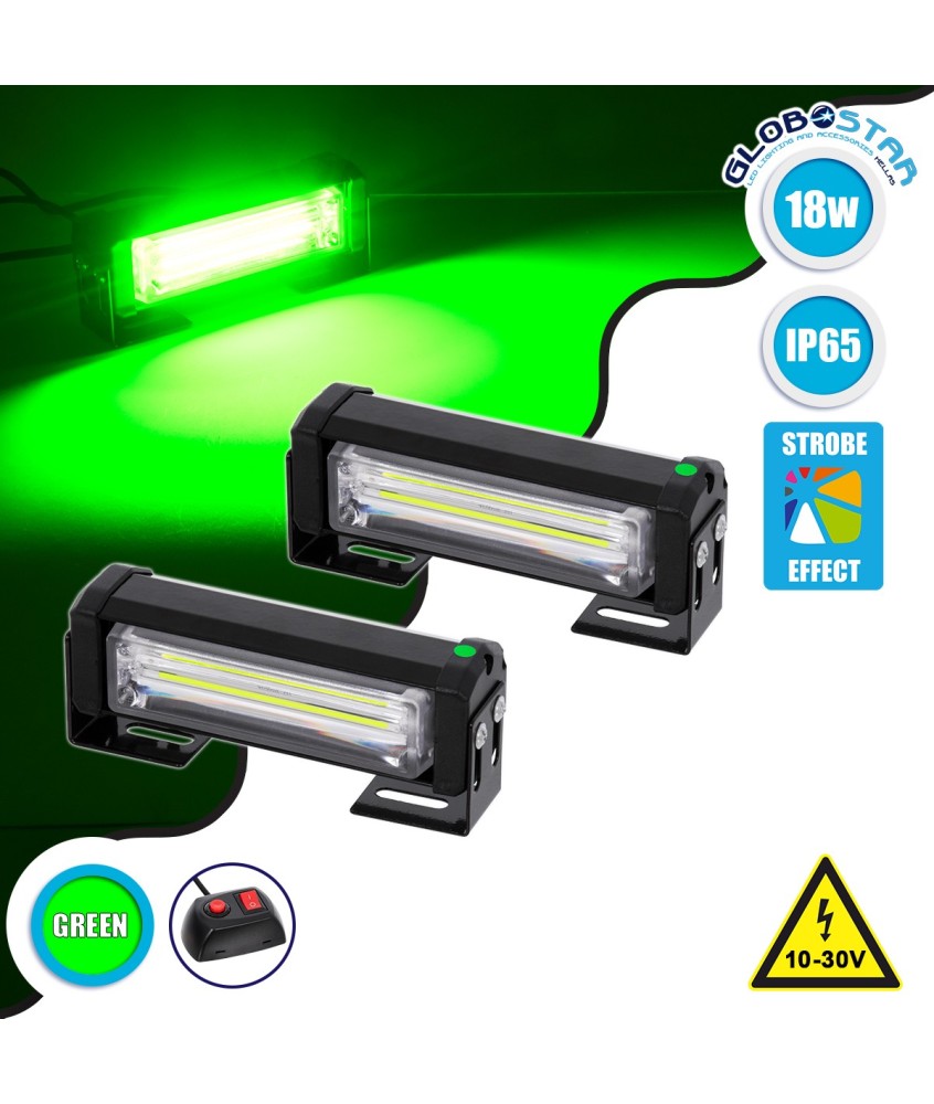 GloboStar® 85025 PRO Series ΣΕΤ 2 x Μπάρες Σήμανσης Οχήματος Πυροσβεστικής για Αυτοκίνητα & Φορτηγά 13 Προγραμμάτων Φωτισμού STROBE LED CREE CXB COB 18W DC 10-30V Αδιάβροχο IP65 Πράσινο